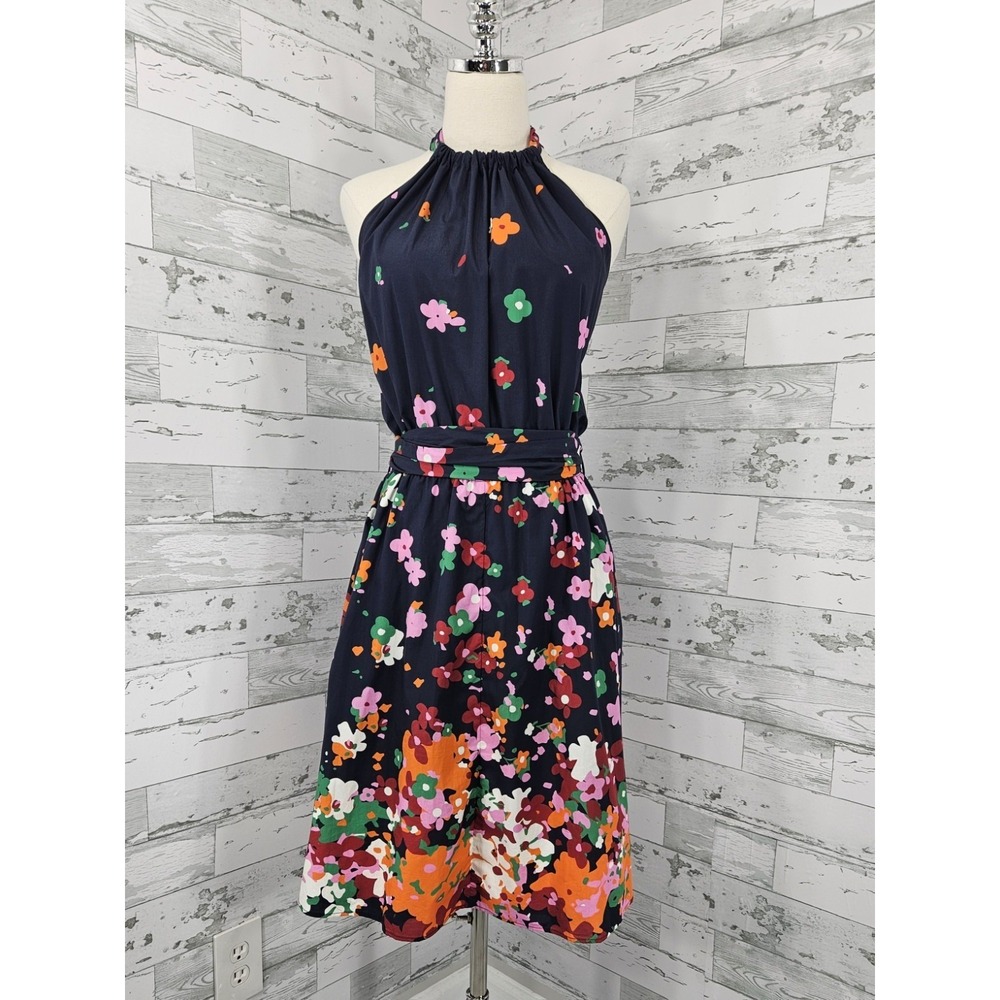 Tucker Women Navy Floral Halter Midi Dress Cotton Open Back Tie Neck Medium